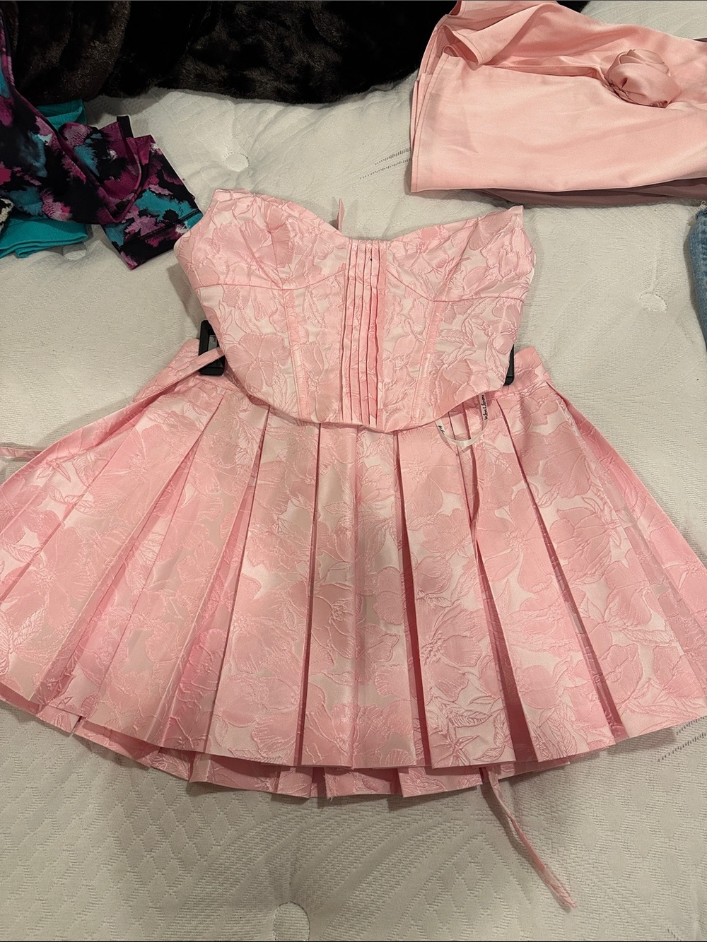 For Love And Lemons Light Pink Floral Strapless Pleated Skirt Dress